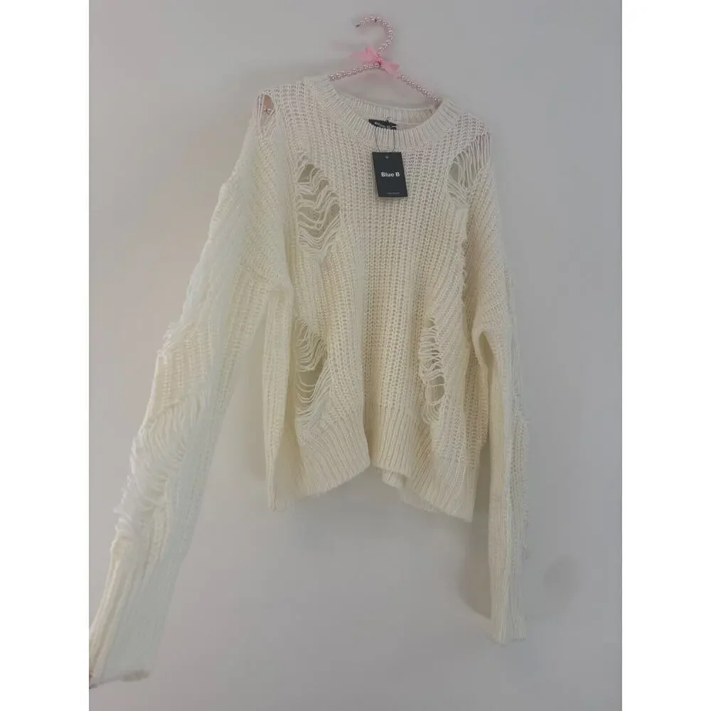 NWT Blue B Boutique Distressed Sweater Ivory‎ Size S/M & M/ L Boho Indie Spring